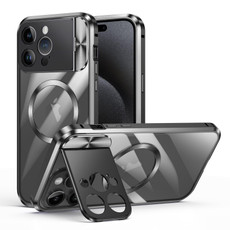 For iPhone 15 Pro Max Large Window Holder MagSafe Magnetic Metal Phone Case(Black)