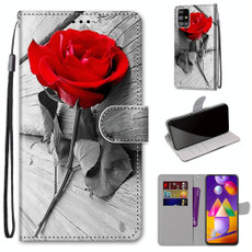 For Samsung Galaxy M31s Coloured Drawing Cross Texture Horizontal Flip PU Leather Case with Holder & Card Slots & Wallet & Lanyard(Red Rose On Wooden)