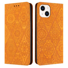 For iPhone 15 Ethnic Embossed Adsorption Leather Phone Case(Yellow)