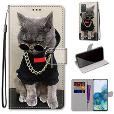 For Samsung Galaxy S20+ Coloured Drawing Cross Texture Horizontal Flip PU Leather Case with Holder & Card Slots & Wallet & Lanyard(Golden Chain Grey Cat)