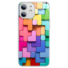 For iPhone 12 Colorful Toy Bricks Pattern Shockproof Glass Phone Case(Silver)