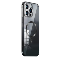 For iPhone 12 Pro Max MagSafe Magnetic Stainless Steel Frame Transparent TPU Phone Case(Black)