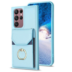 For Samsung Galaxy S22 Ultra 5G BF29 Organ Card Bag Ring Holder Phone Case(Blue) For Samsung Galaxy S22 Ultra 5G BF29 Organ Card Bag Ring Holder Phone Case(Blue)