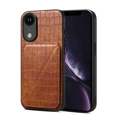For iPhone XR Imitation Crocodile Leather Back Phone Case with Holder(Brown)