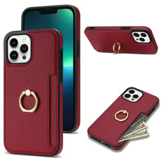 For iPhone 13 Pro Max Ring Card  Litchi Leather Back Phone Case(Red)