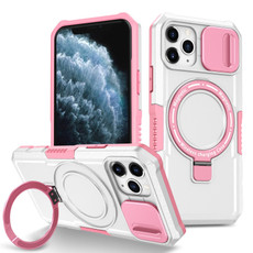 For iPhone 11 Pro Sliding Camshield Magsafe Holder TPU Hybrid PC Phone Case(Pink White)