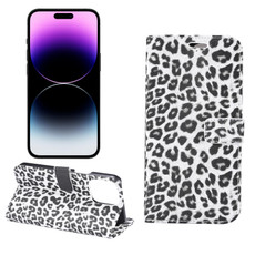 For iPhone 15 Pro Leopard Pattern Horizontal Flip Leather Phone Case(White)