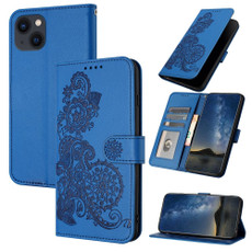 For iPhone 13 Datura Flower Embossed Flip Leather Phone Case(Blue)