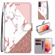 For Samsung Galaxy S21 5G Coloured Drawing Cross Texture Horizontal Flip PU Leather Case with Holder & Card Slots & Wallet & Lanyard(Stitching Pink Stone Pattern)