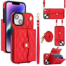 For iPhone 14 Crossbody Rhombic Horizontal Wallet Leather Phone Case(Red)