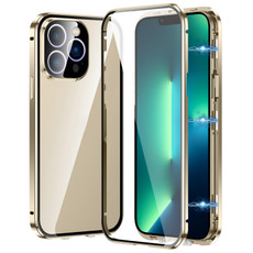 For iPhone 13 Pro Max Magnetic Double-buckle HD Tempered Glass Phone Case(Gold)