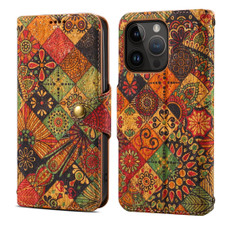 For iPhone 15 Pro Denior Flower Language Series Cork Fabric Oil Edge Leather Phone Case(Autumn)