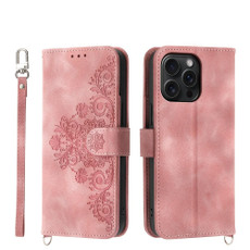 For iPhone 15 Pro Max Skin-feel Flowers Embossed Wallet Leather Phone Case(Pink)