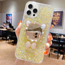 For iPhone 13 Pro Max Starry Sequin Diamond Cat Ears Mirror Epoxy TPU Phone Case(Yellow)