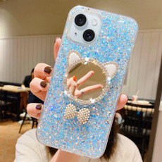 For iPhone 14 Plus Starry Sequin Diamond Cat Ears Mirror Epoxy TPU Phone Case(Blue)