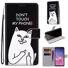 For Samsung Galaxy S10e Coloured Drawing Cross Texture Horizontal Flip PU Leather Case with Holder & Card Slots & Wallet & Lanyard(Middle Finger White Cat)