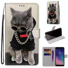 For Samsung Galaxy A6 2018 Coloured Drawing Cross Texture Horizontal Flip PU Leather Case with Holder & Card Slots & Wallet & Lanyard(Golden Chain Grey Cat)
