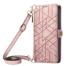 For iPhone 11 Pro Geometric Zipper Wallet Side Buckle Leather Phone Case with Crossbody Lanyard(Pink)