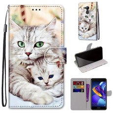 For Huawei Honor V9 Play Coloured Drawing Cross Texture Horizontal Flip PU Leather Case with Holder & Card Slots & Wallet & Lanyard(Big Cat Holding Kitten)