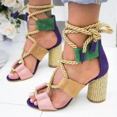 Women Shoes Openwork Color Block Hemp Lace Up High Heels, Size:35(Beige)