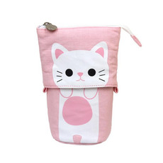 Corduroy Retractable Drop-Down Pencil Case Student Stationery Storage Bag(White Cat)