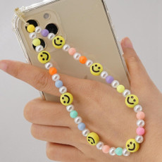 Imitation Pearl Mobile Phone Chain Smiley Beaded Soft Pottery Love Mobile Phone Chain(Qt-k210095b)