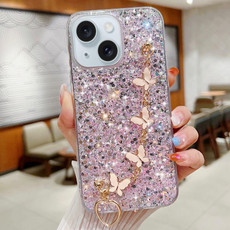 For iPhone 15 Plus Starry Sequin Butterfly Chain Epoxy TPU Phone Case(Blue)