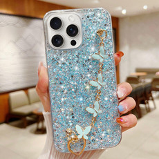 For iPhone 15 Pro Max Starry Sequin Butterfly Chain Epoxy TPU Phone Case(Blue)