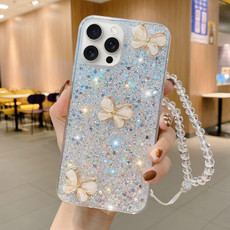 For iPhone 12 Pro Starry Sequin Jade Butterfly Epoxy TPU Phone Case with Strap(Silver)