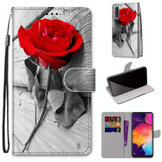 For Samsung Galaxy A50 Coloured Drawing Cross Texture Horizontal Flip PU Leather Case with Holder & Card Slots & Wallet & Lanyard(Red Rose On Wooden)