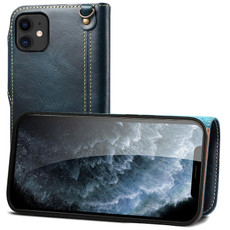 For iPhone 12 mini Denior Oil Wax Cowhide Magnetic Button Genuine Leather Case(Dark Blue)