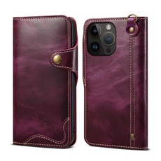 For iPhone 13 Pro Denior Oil Wax Cowhide Magnetic Button Genuine Leather Case (Purple)