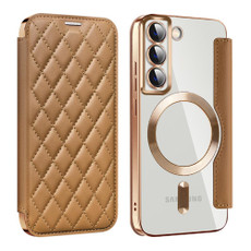 For Samsung Galaxy S22 5G Shield Magsafe RFID Anti-theft Rhombus Leather Phone Case(Brown) For Samsung Galaxy S22 5G Shield Magsafe RFID Anti-theft Rhombus Leather Phone Case(Brown)