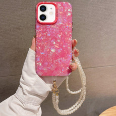 For iPhone 11 Shell Texture Crossbody Pearl Chain TPU Hybrid Acrylic Phone Case(Rose Red)