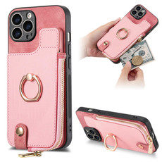 For iPhone 13 Pro Max Cross Leather Ring Vertical Zipper Wallet Back Phone Case(Pink)