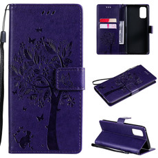 For OPPO Realme 7 Pro Tree & Cat Pattern Pressed Printing Horizontal Flip PU Leather Case with Holder & Card Slots & Wallet & Lanyard(Purple)
