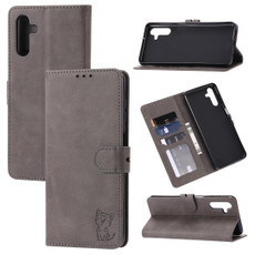 For Samsung Galaxy A05s Embossed Happy Cat Pattern Flip Leather Phone Case(Grey)