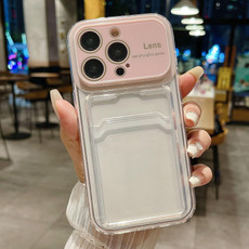 For iPhone 13 Pro Large Window PC Hybrid TPU Phone Case with Card Slot(Pink)