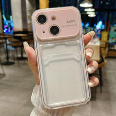 For iPhone 15 Large Window PC Hybrid TPU Phone Case with Card Slot(Pink) For iPhone 15 Large Window PC Hybrid TPU Phone Case with Card Slot(Pink)