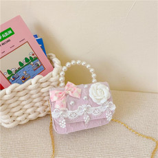 Girls Princess Pearl Handbag Children Single Shoulder Crossbody Bag(Flower Pink)