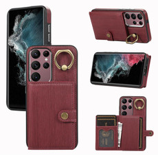 For Samsung Galaxy Galaxy S22 Ultra 5G Brushed Texture Wallet Ring Holder Phone Case(Dark Red)