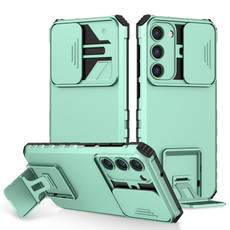 For Samsung Galaxy S23+ 5G Stereoscopic Holder Sliding Camshield Phone Case(Light Blue)