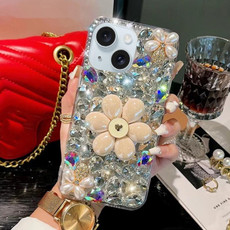 For iPhone 15 Plus Sunflower Holder Hand-set Diamond PC Phone Case(White)