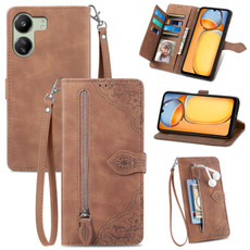 For Xiaomi Redmi 13C Embossed Flower Zipper Leather Phone Case(Brown) For Xiaomi Redmi 13C Embossed Flower Zipper Leather Phone Case(Brown)