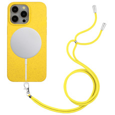 For iPhone 14 Pro Wheat MagSafe Magnetic Straw Material + TPU Phone Case with Lanyard(Yellow)