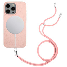 For iPhone 13 Pro Max Wheat MagSafe Magnetic Straw Material + TPU Phone Case with Lanyard(Pink)