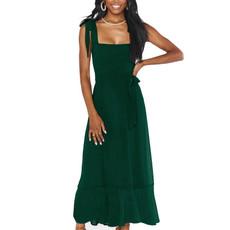Women Elegant Slit Dress Commuting Sleeveless Knot Suspender Dress, Size: S(Dark Green)