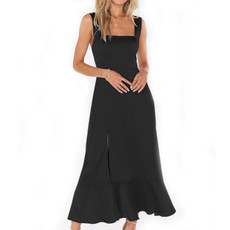 Women Elegant Slit Dress Commuting Sleeveless Knot Suspender Dress, Size: L(Black)