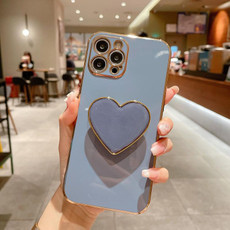 For iPhone 14 Electroplating Love Heart Holder TPU Phone Case(Blue)