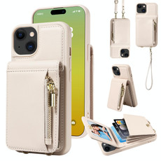 For iPhone 15 Crossbody Lanyard Zipper Wallet Leather Phone Case(Beige)
